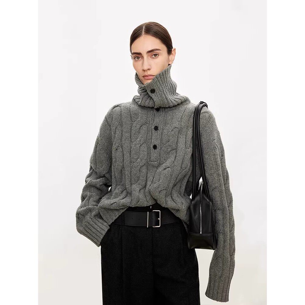 灰色麻花高领堆堆领加厚毛衣女冬季加厚高级感宽松套头针织衫上衣