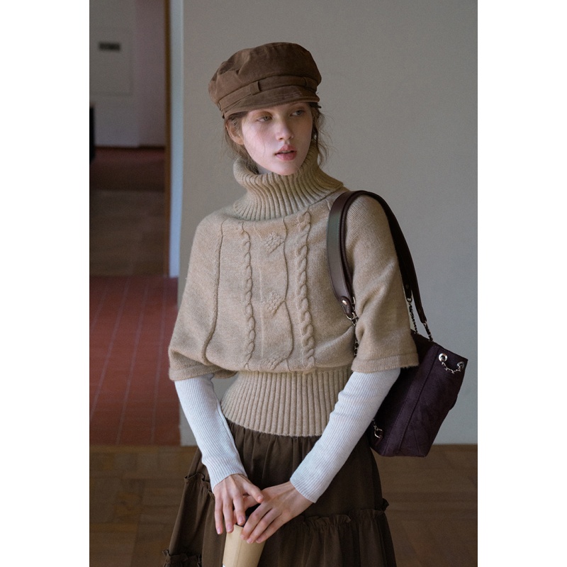 高领麻花短款斗篷中袖毛衣女2025年新款外搭叠穿堆堆领针织衫罩衫