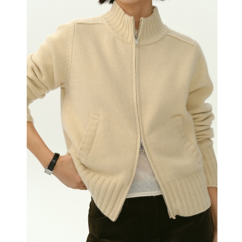 杏色立领拉链毛针织外搭开衫