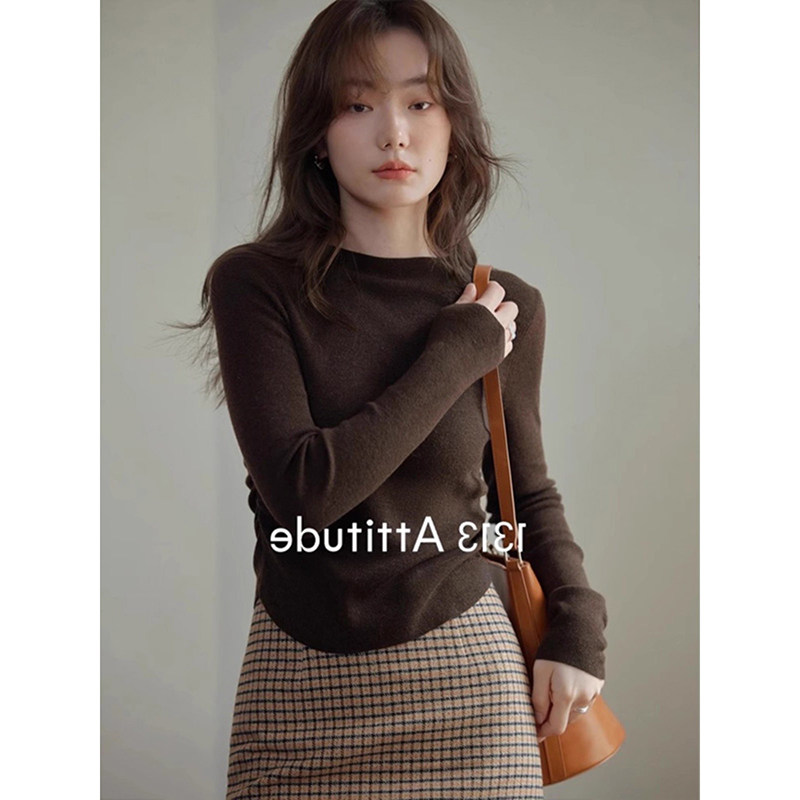 美拉德抽褶收腰针织打底衫女秋冬修身内搭短款长袖慵懒风叠穿上衣