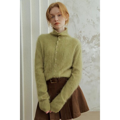 法式复古马海毛软糯针织开衫上衣女冬保暖北欧风高领显瘦毛衣外套