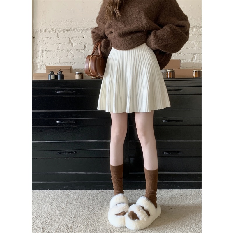 米白色高腰显瘦A字针织裙短裙