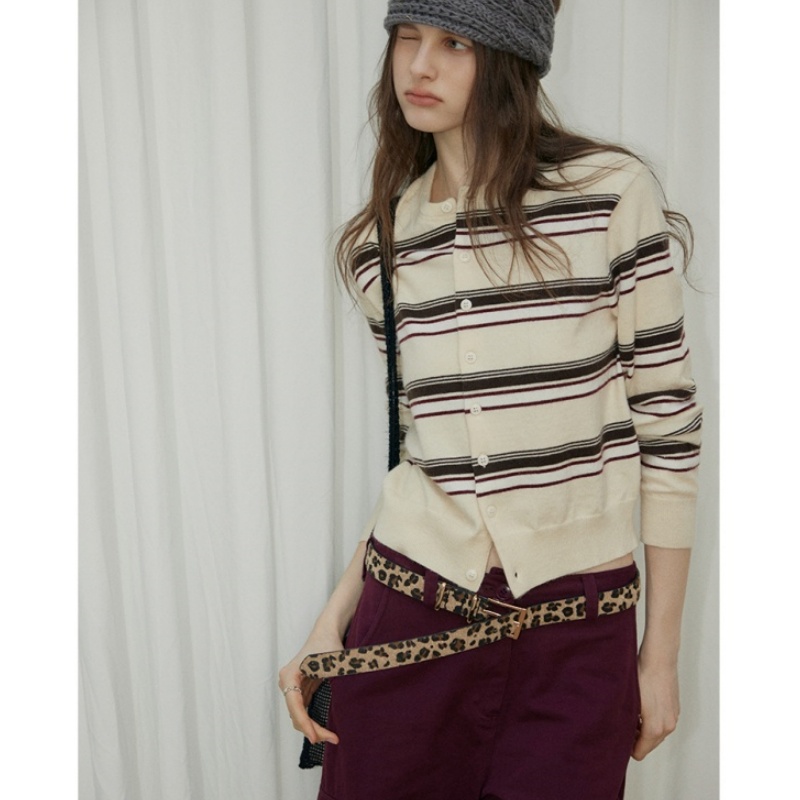 美式复古秋季时尚百搭条纹针织开衫外套女学院风长袖修身显瘦上衣