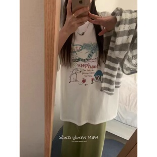 美式 t恤女夏宽松圆领百搭休闲纯棉上衣 复古卡通大象彩绘印花短袖