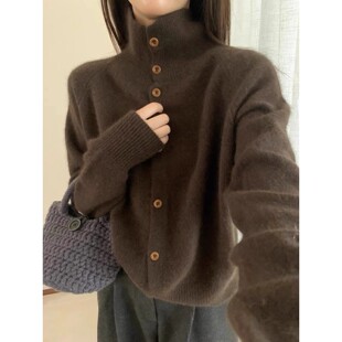 咖啡色立领开衫毛衣女秋冬2025新款加厚开始慵懒风高领针织衫外套