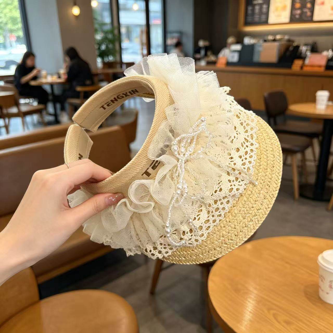 ins韩国女童洋气蝴蝶结蕾丝花边空顶草帽夏天宝宝出游大帽檐帽子