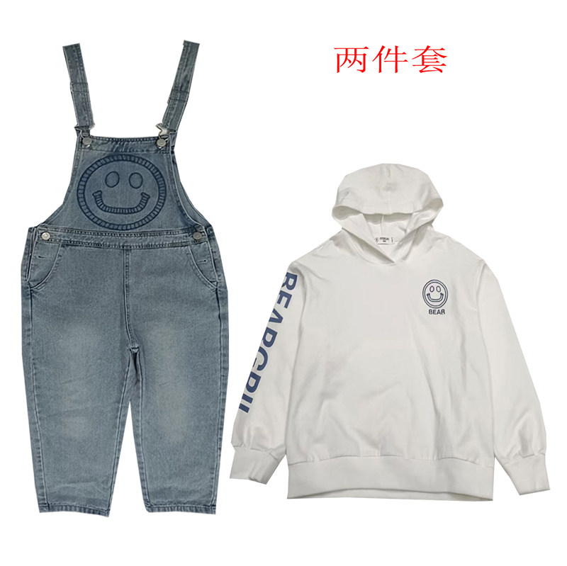皮皮熊女童两件套背带牛裤中大童春秋长裤卫衣连帽衫纯棉新款上衣