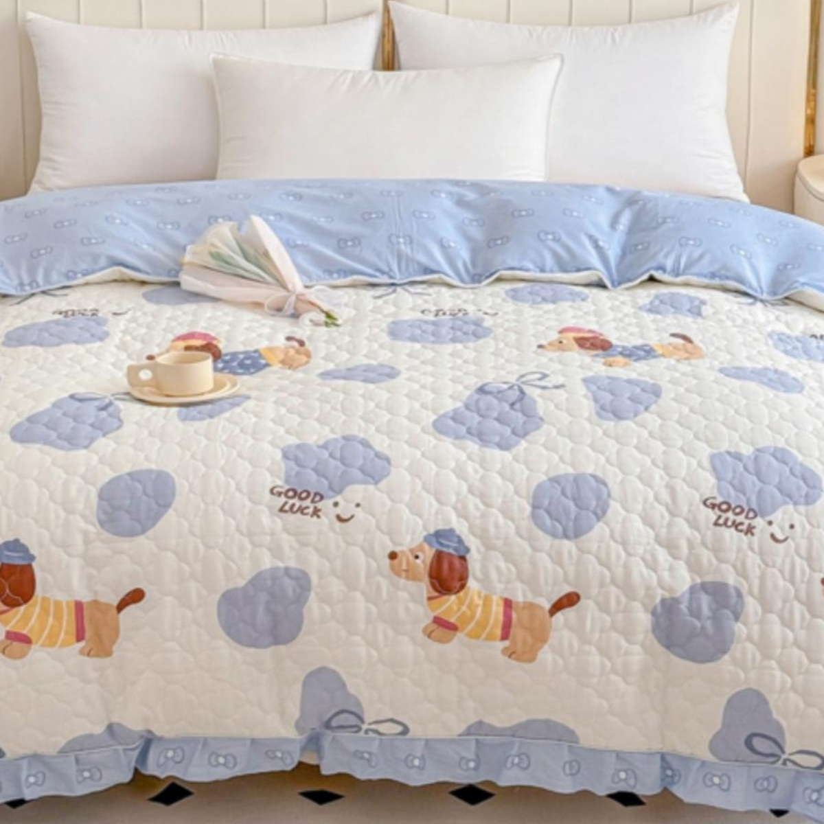新款韩式卡通全棉被套夹棉被罩单件绗缝加厚被单花边加棉被套两用