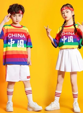 纯棉亲子装彩虹条纹短袖t恤学生班服国庆表演校运会家庭舞蹈上衣