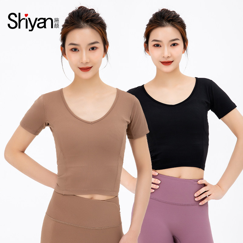 施颜瑜伽服上衣t恤运动显瘦短袖紧身裸感面料性感短装2301-02衣服