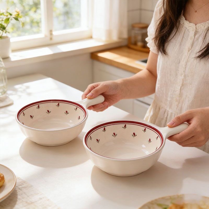 釉下彩陶瓷碗家用餐具可爱卡通泡面碗汤碗高颜值手柄碗水果盘