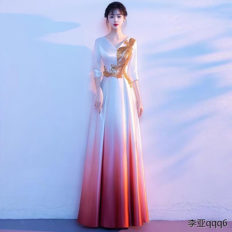 大合唱团演出服女长裙新款中老年学生主持指挥红歌朗诵修身晚礼服