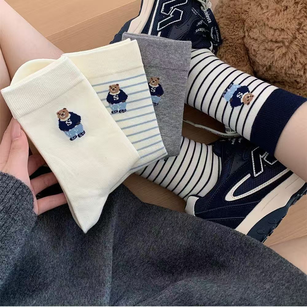 春秋小熊袜子女中筒卡通复古条纹