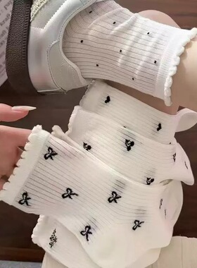 白色薄款堆堆袜夏季女网眼中筒袜透气日系简约蝴蝶结木耳边花边袜