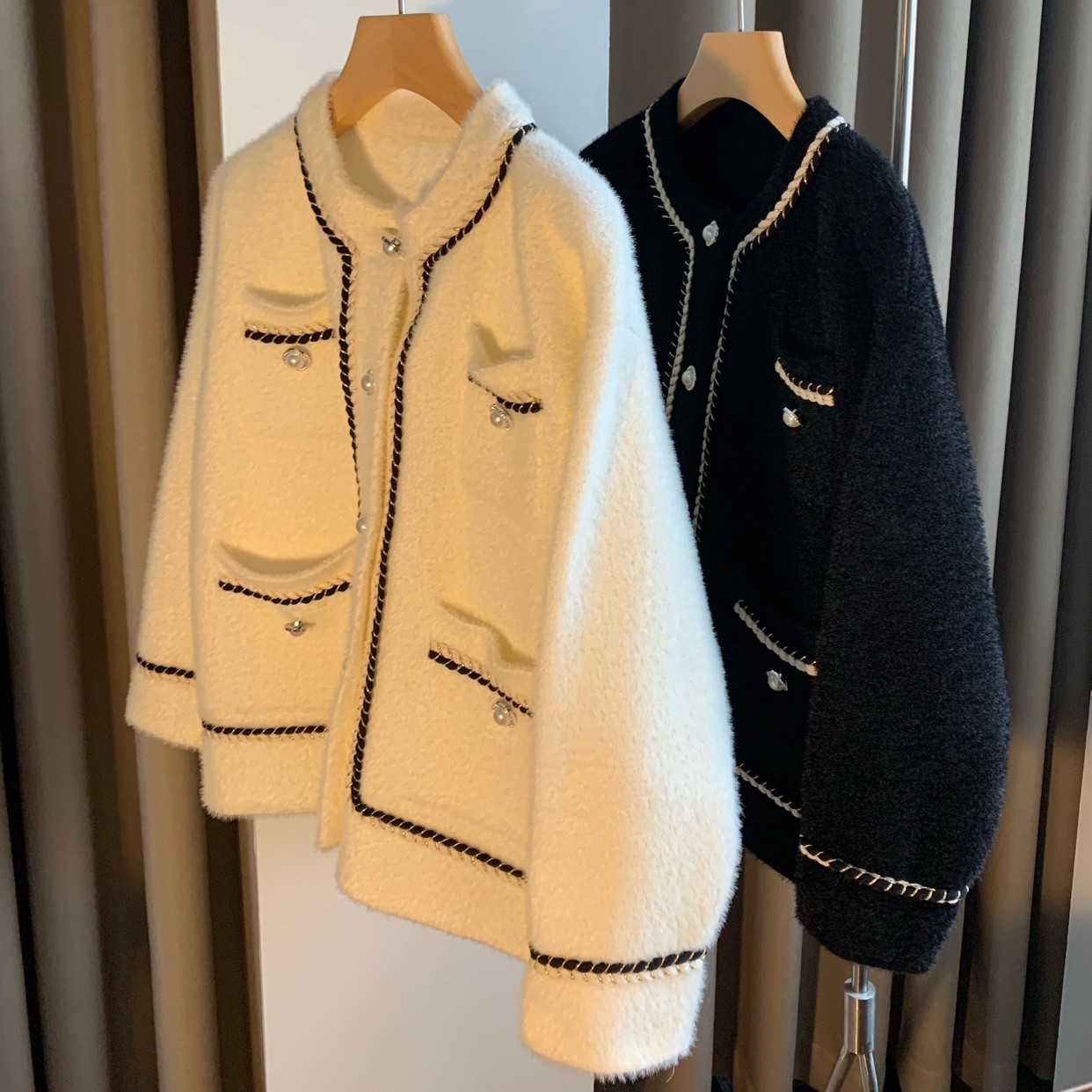 水貂绒小香风外套女小众2022年春秋新款百搭加厚短款洋气毛绒外