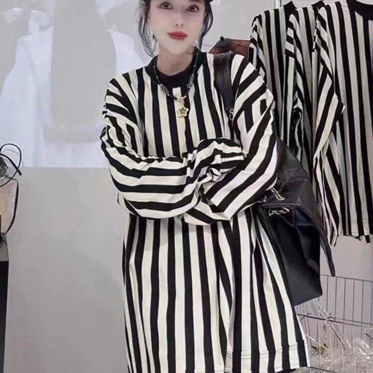 欧洲站2025春秋新款欧货条纹长袖T恤女时尚洋气中长款宽松上衣潮