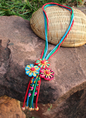 云南民族风布艺毛衣链串珠项链