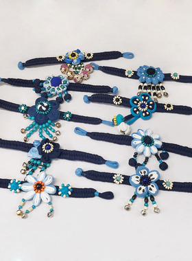 女式布艺串珠民族风蓝染手镯