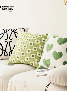 北欧ins绿色轻奢法式美式韩式田园刺绣毛绒靠垫靠背抱枕套飘窗沙