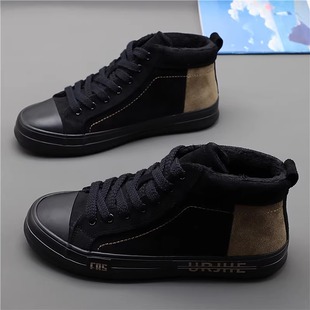 冬季加绒棉鞋男士高帮系带休闲板鞋冬款厚底绒布保暖布鞋二棉男鞋