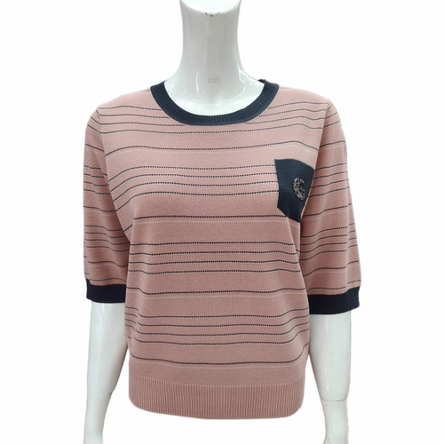 春夏圆领条纹中袖中年妈妈小衫