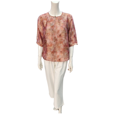 妈妈女装圆领印花天丝麻短袖衬衫