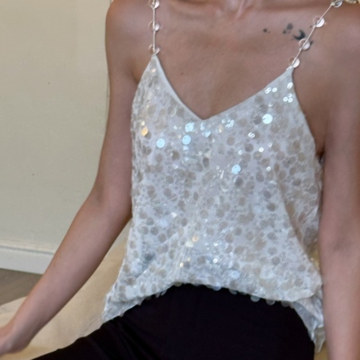 XIMANER溪时 25夏 皎白流光原创水晶珠链透明闪片V领气质吊带背心