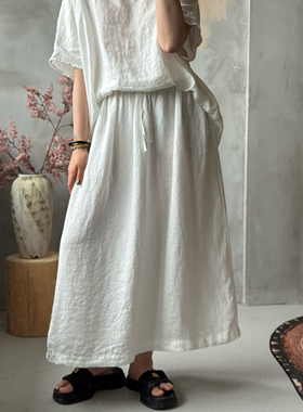 REHAI 织镜-2495纯汉麻Hemp敦实料自然主义旧炒色半身裙