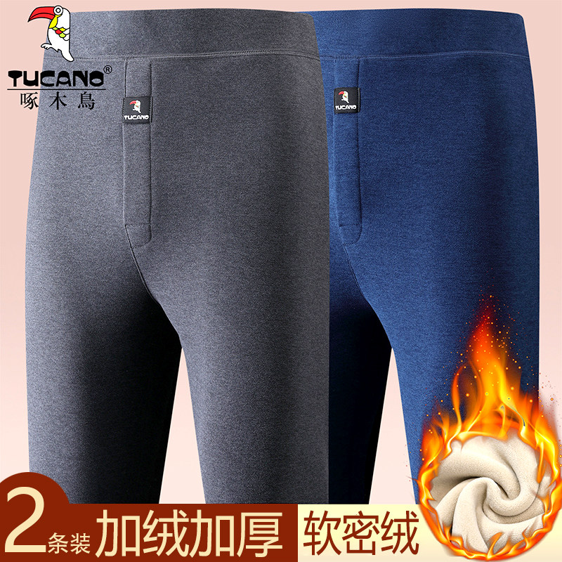 啄木鸟冬季加绒加厚保暖裤男中年高腰驼绒秋裤防寒打底裤棉裤大码