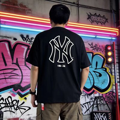 New Era纽亦华春夏新款MLB短袖T恤圆领宽松霓虹印花透气男女