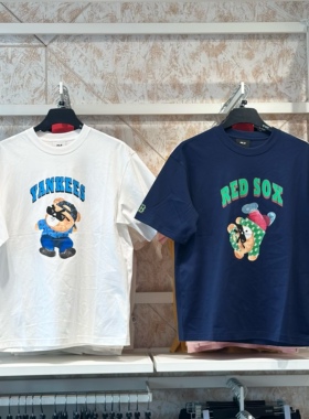 MLB24新款情侣短袖男女NY皱眉熊复古字母印花运动T恤3ATSE0143