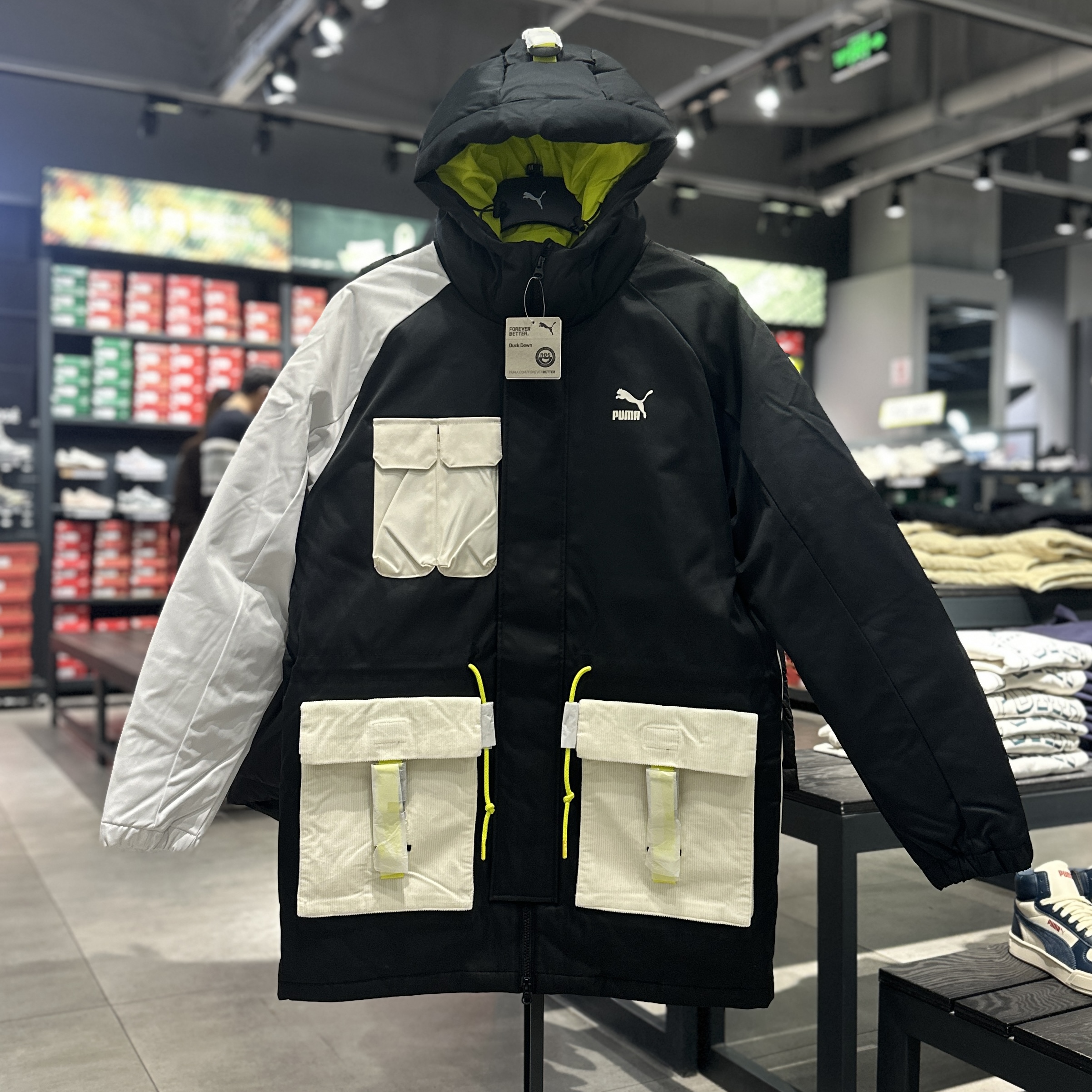 PUMA彪马 秋冬男子连帽拼接撞色保暖中长鸭绒羽绒服外套 534676