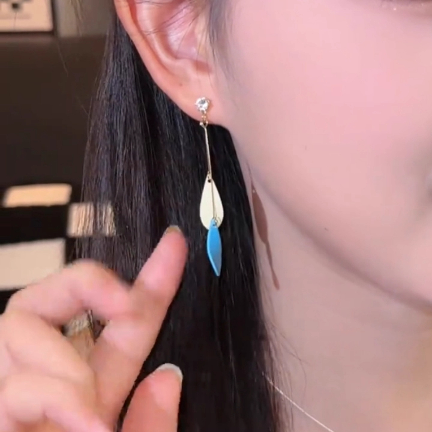 奥特莱斯折扣店撤柜轻奢蓝色叶子长款流苏耳钉气质outlets女配饰