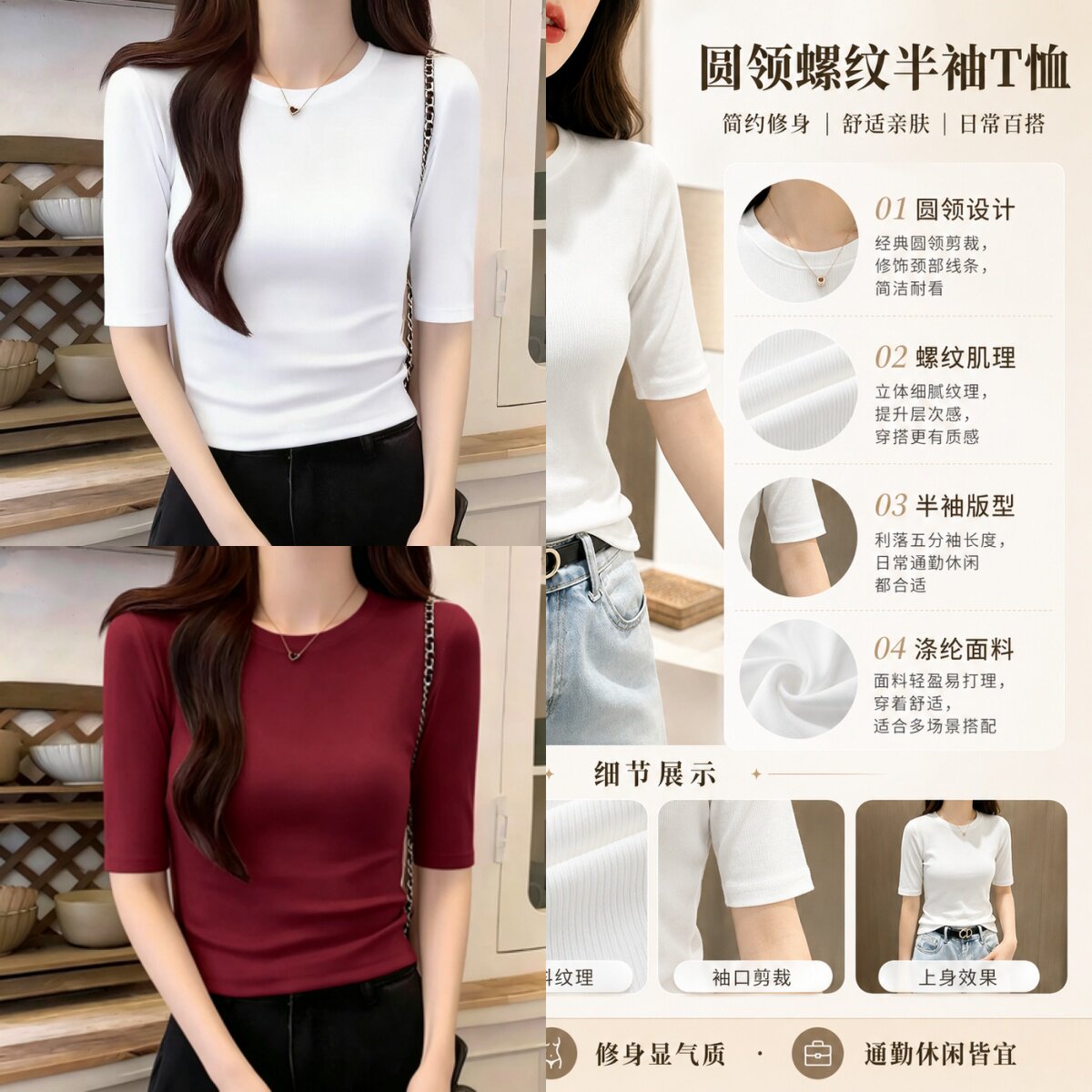 简约风圆领五分袖T恤女夏薄款修身显瘦黑色打底衫可外穿
