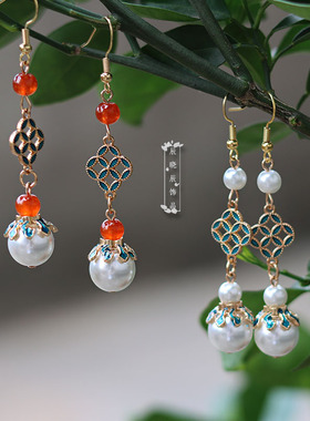 cxc29复古红色耳环滴油白色珍珠耳坠女明宋风耳夹新中式古典耳饰