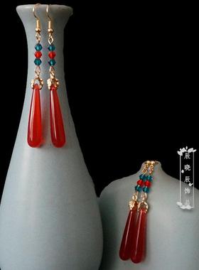 cxc-R05古风日常汉服古典复古中国风红色水滴耳环耳钉无耳洞耳夹