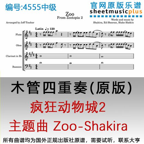 木管四重奏乐谱4555中级 疯狂动物城2 主题曲 Zoo-Shakira 电影