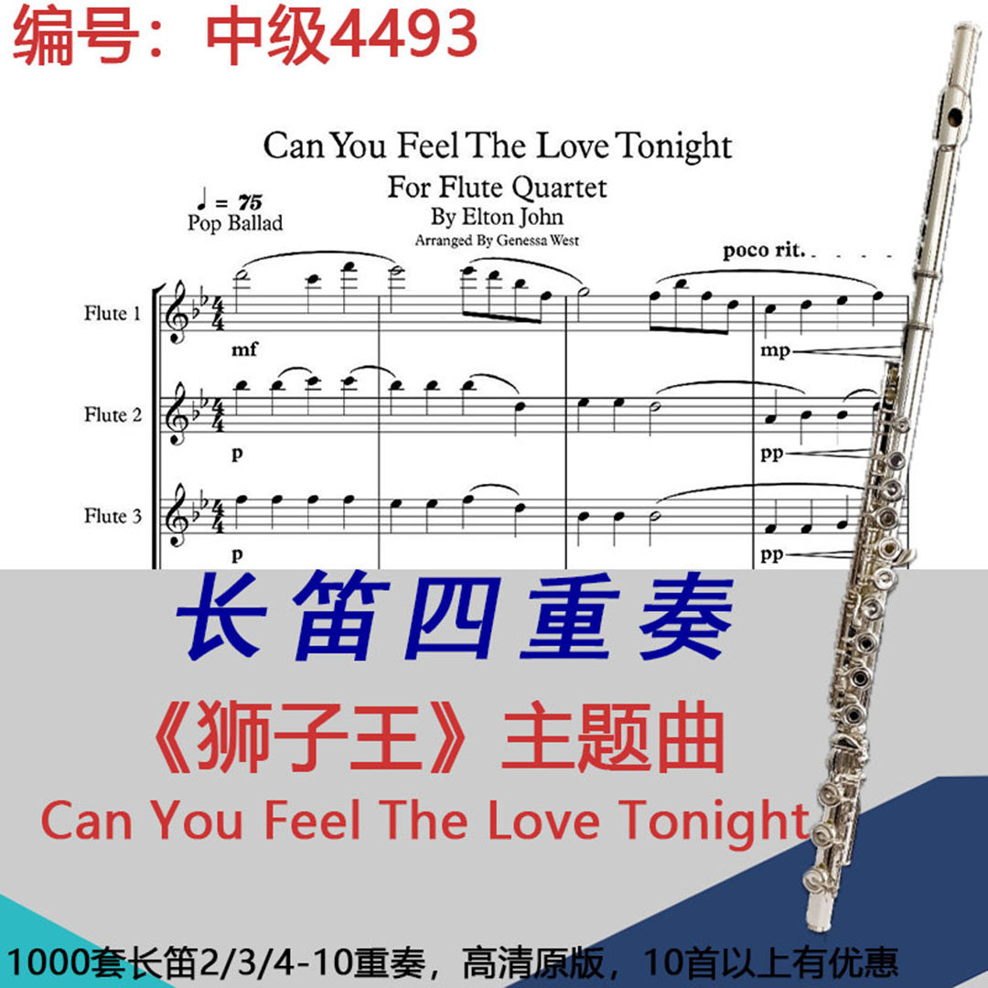 长笛四重奏乐谱4493中级《狮子王》主题曲 Can You Feel The Love