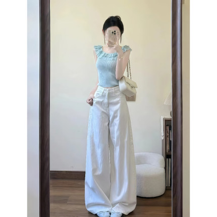 白色上衣套装高腰阔腿牛仔裤女夏季新款复古慵懒宽松垂感休闲套装