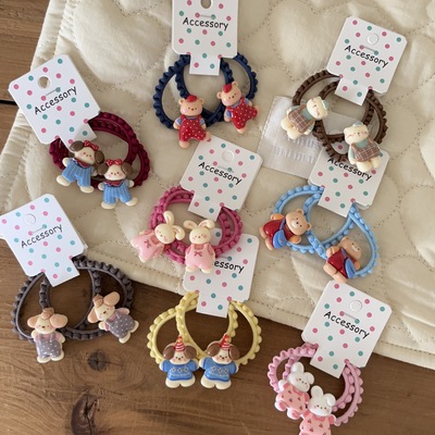 2条装 卡通小狗兔子花边迷你发圈发绳可爱女童双马尾扎发皮筋头绳