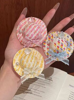 夏日彩色编织草帽蝴蝶结发夹甜妹少女碎发鸭嘴夹网红度假风刘海夹