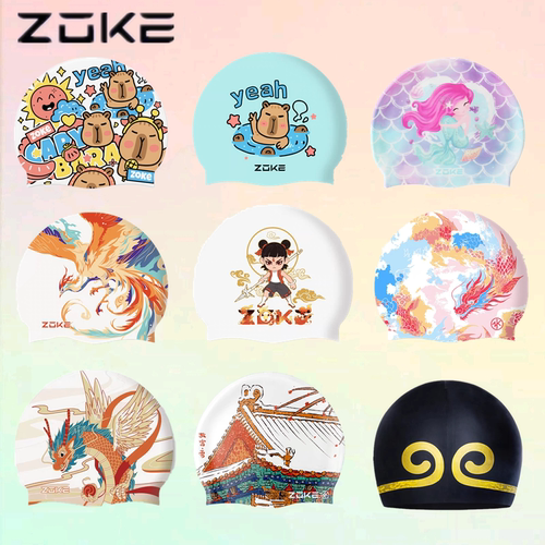 zoke洲克新款男女通用时尚卡通舒适长发防水护耳游泳帽硅胶不勒头