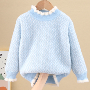 女童高领毛衣加绒加厚2025新款儿童水貂绒打底衫中小童冬厚白色潮