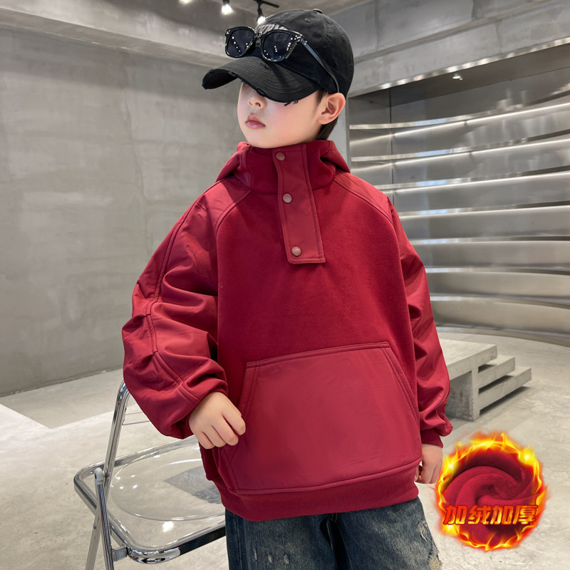 男童冬季红色卫衣拜年服2025新款青少年儿童加绒加厚连帽冬装上衣