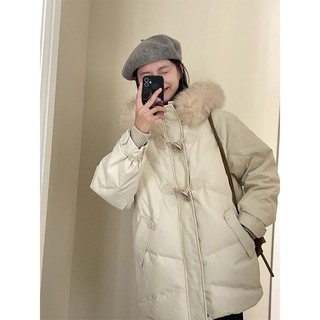 大毛领小个子羽绒服女2023年冬季新款韩版中长款棉衣90白鸭绒外套
