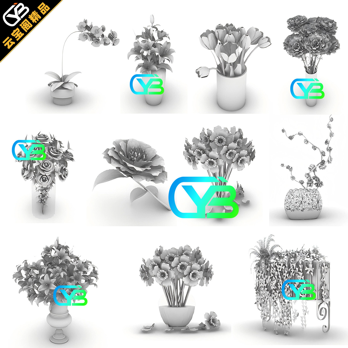 景观植物花卉花朵盆景玫瑰郁金香百合犀牛rhino建模3D模型源文件