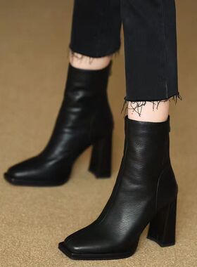 Square toe, thick heel, short boots for women, autumn and w