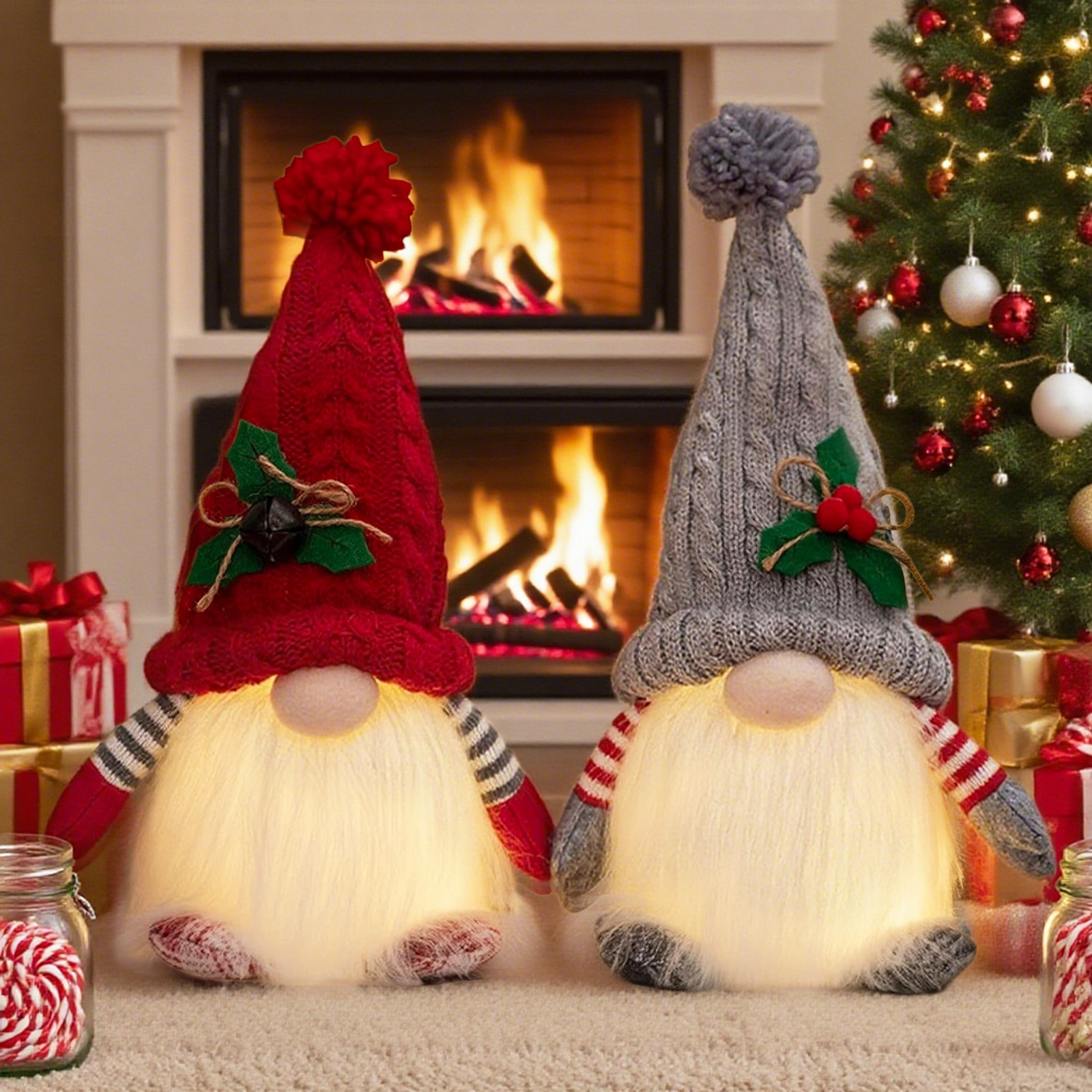 Christmas decorations, glowing knitted hats, long legs, doll