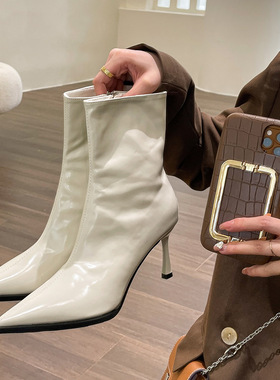 尖头短靴女高跟鞋漆皮瘦瘦靴women high heel boots martin boots