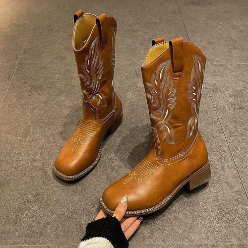 西部牛仔靴刺绣中筒靴中跟骑士靴women cowboy boots long boots